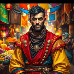 A human male mercant guild master in a vibrant attire, surrounded by colorful merchant wares
