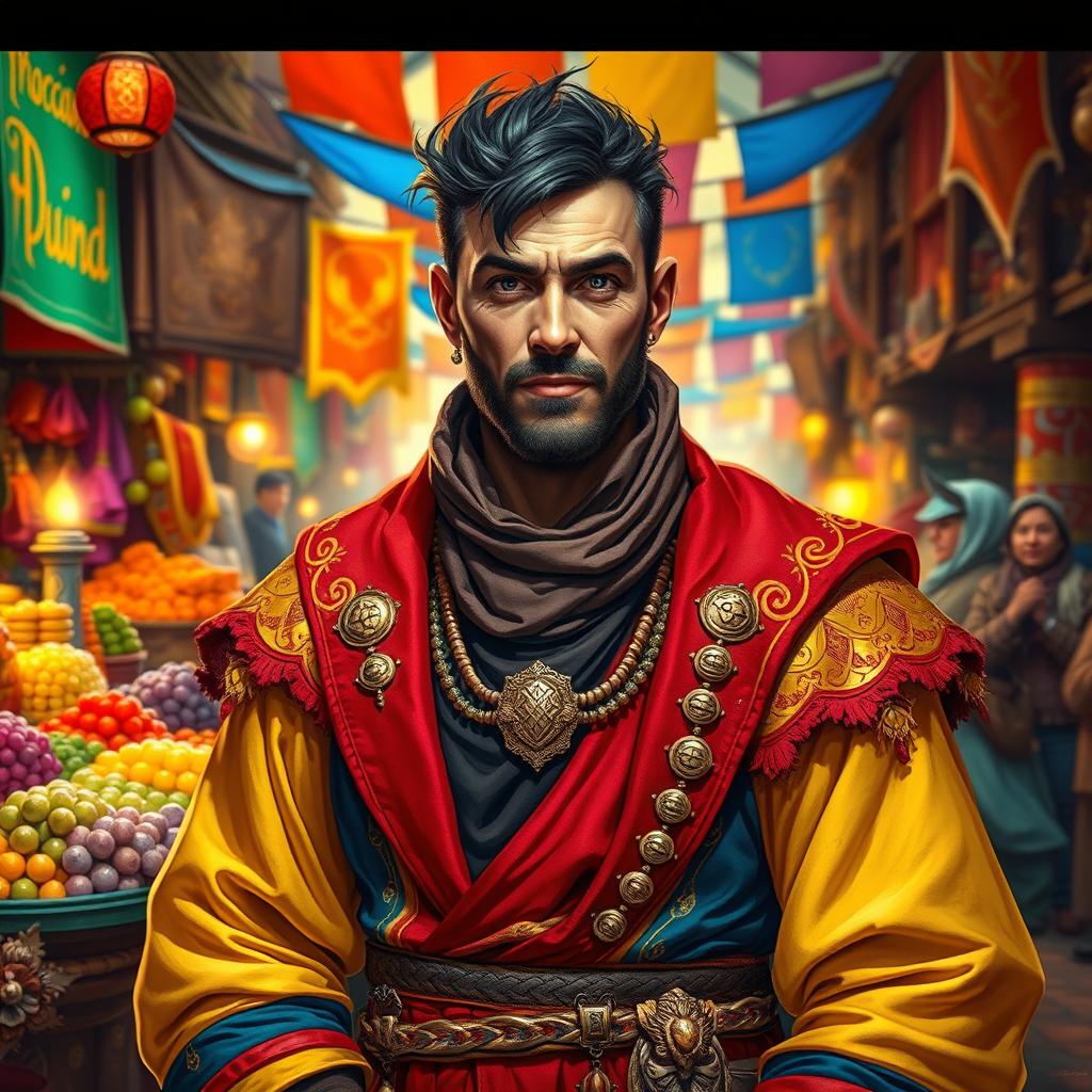 A human male mercant guild master in a vibrant attire, surrounded by colorful merchant wares