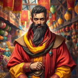 A human male mercant guild master in a vibrant attire, surrounded by colorful merchant wares