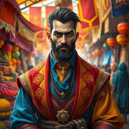 A human male mercant guild master in a vibrant attire, surrounded by colorful merchant wares
