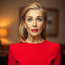 A beautiful 50-year-old woman in a striking red outfit stands front-facing, looking directly at the camera with a surprised expression
