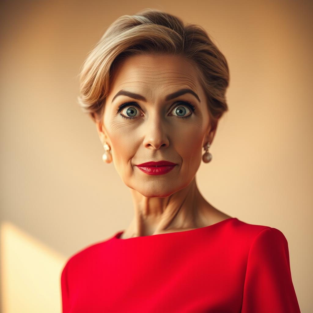A beautiful 50-year-old woman in a striking red outfit stands front-facing, looking directly at the camera with a surprised expression
