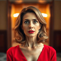 A beautiful 50-year-old woman in a striking red outfit stands front-facing, looking directly at the camera with a surprised expression