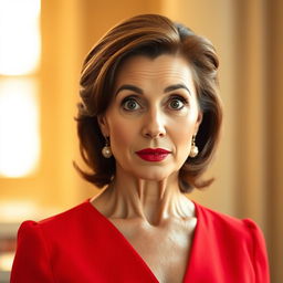 A beautiful 50-year-old woman in a striking red outfit stands front-facing, looking directly at the camera with a surprised expression