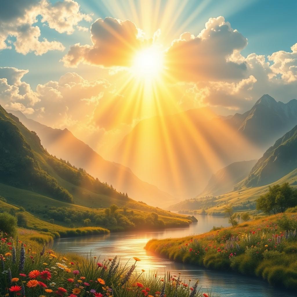 A vibrant, surreal landscape depicting the 'Light of Truth' illuminating everything in a golden, warm glow