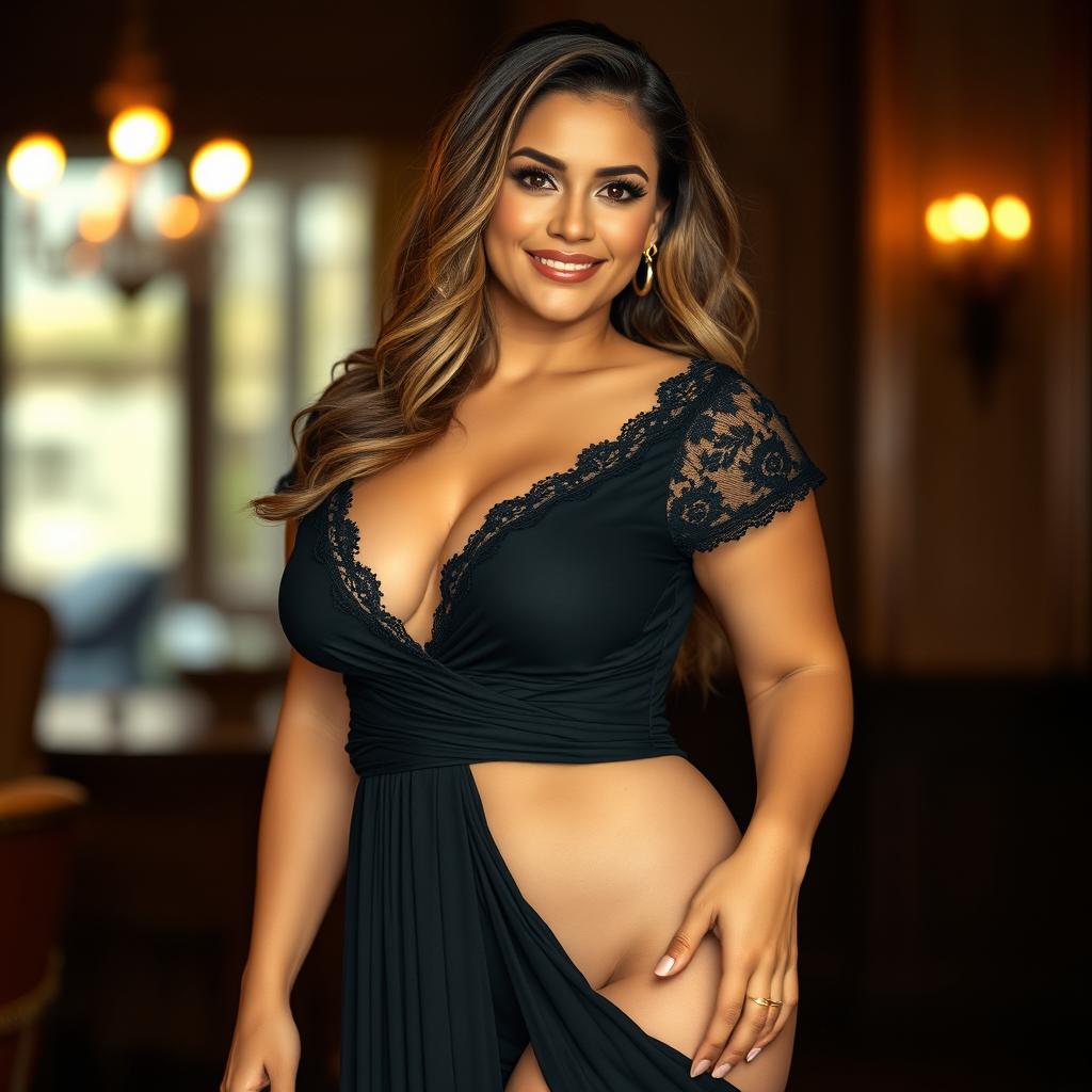 A confident and alluring woman with a naturally curvy body wearing a stunning black open dress that elegantly drapes around her figure, accentuating her shape