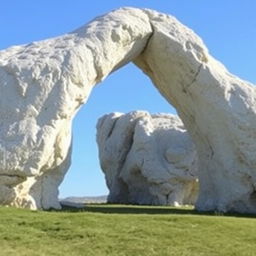 A large, white, elongated rock formation with an open structure from the sides, resembling a stylized wing or arch