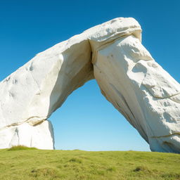 A large, white, elongated rock formation with an open structure from the sides, resembling a stylized wing or arch