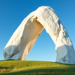 A large, white, elongated rock formation with an open structure from the sides, resembling a stylized wing or arch