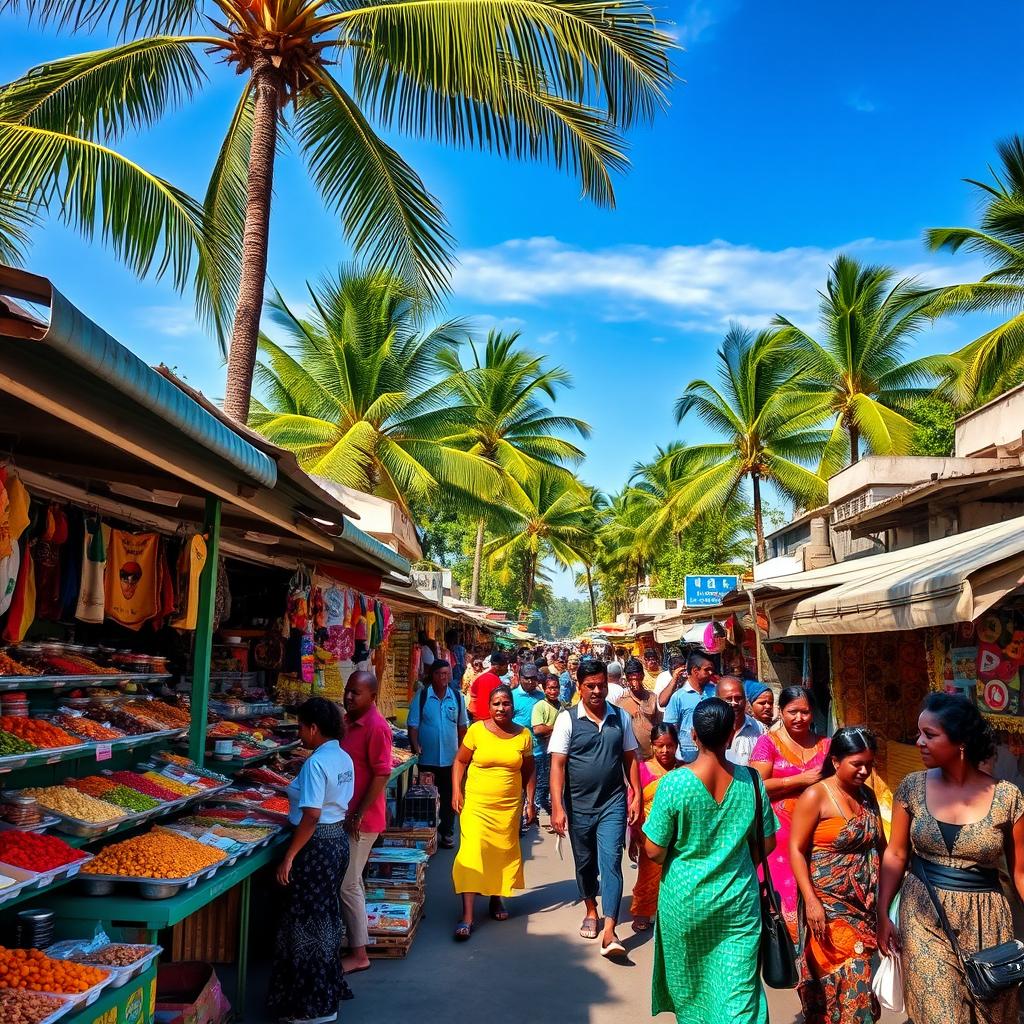 A vibrant and bustling street market in a tropical setting, showcasing colorful stalls filled with fresh fruits, spices, and handmade crafts