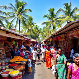 A vibrant and bustling street market in a tropical setting, showcasing colorful stalls filled with fresh fruits, spices, and handmade crafts