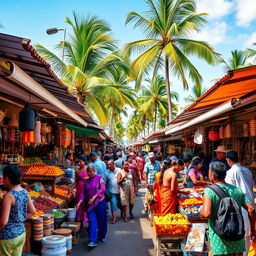 A vibrant and bustling street market in a tropical setting, showcasing colorful stalls filled with fresh fruits, spices, and handmade crafts