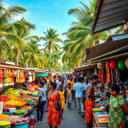 A vibrant and bustling street market in a tropical setting, showcasing colorful stalls filled with fresh fruits, spices, and handmade crafts