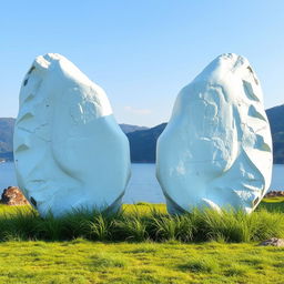 A large, white, elongated stone resembling an expansive wing, open on both sides, set against a tranquil natural backdrop