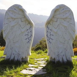 A large, white, elongated stone resembling an expansive wing, open on both sides, set against a tranquil natural backdrop