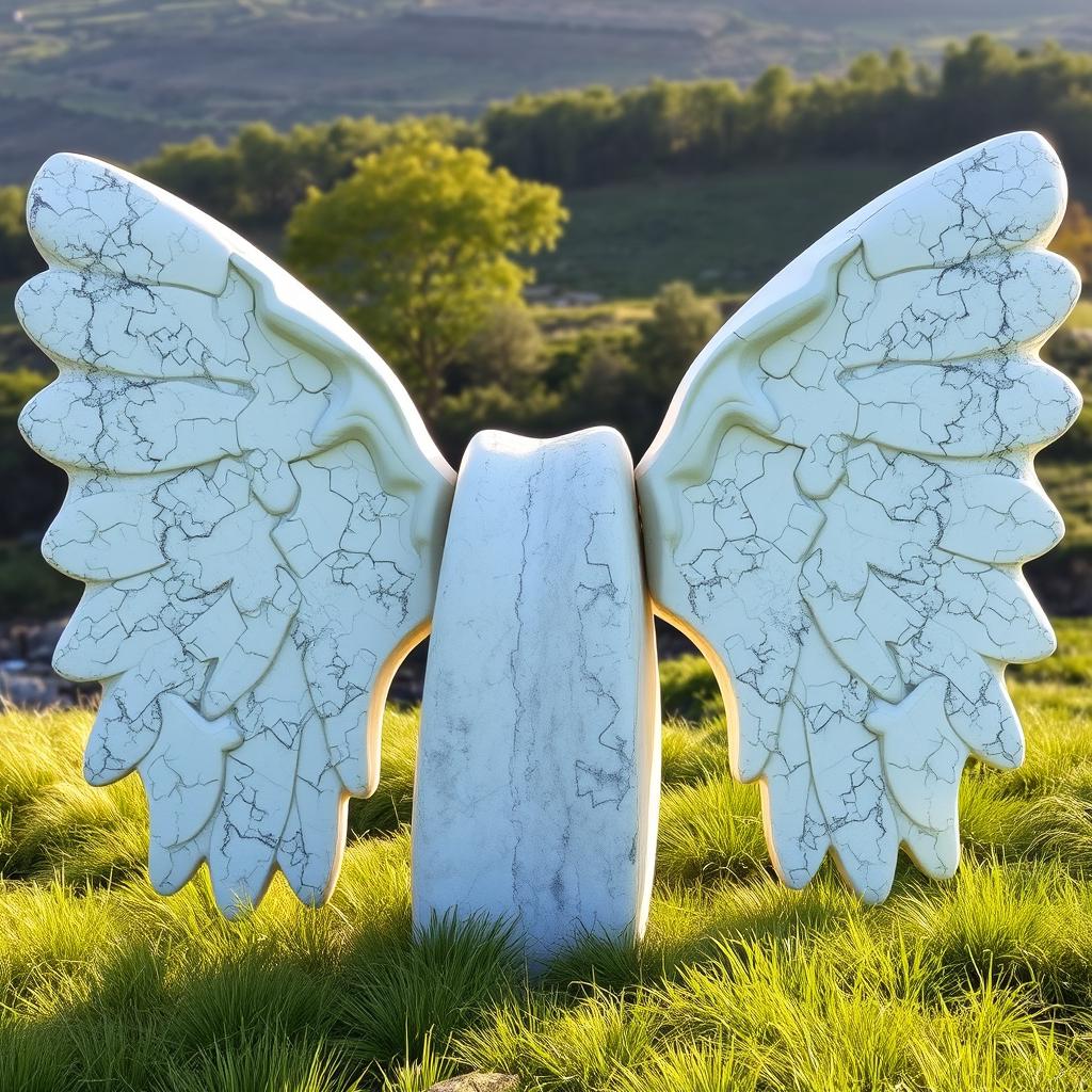 A large, white, elongated stone resembling an expansive wing, open on both sides, set against a tranquil natural backdrop