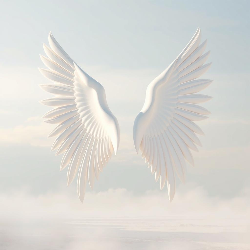 A large, white, elongated wing structure that is open from both sides, resembling a bird's wing but abstract in design