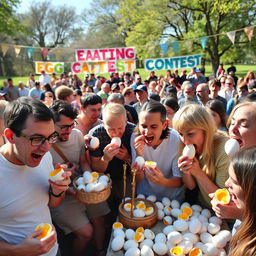 A lively egg eating contest taking place in a sunlit outdoor park, with participants enthusiastically devouring hard-boiled eggs