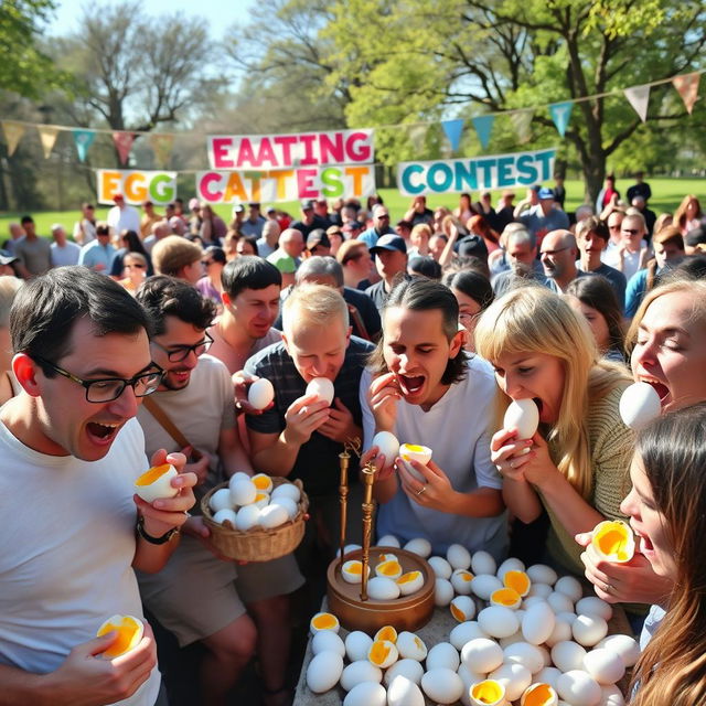A lively egg eating contest taking place in a sunlit outdoor park, with participants enthusiastically devouring hard-boiled eggs