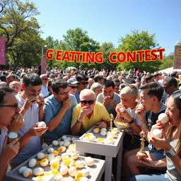 A lively egg eating contest taking place in a sunlit outdoor park, with participants enthusiastically devouring hard-boiled eggs