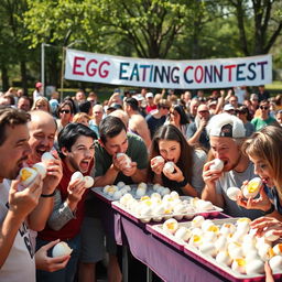 A lively egg eating contest taking place in a sunlit outdoor park, with participants enthusiastically devouring hard-boiled eggs