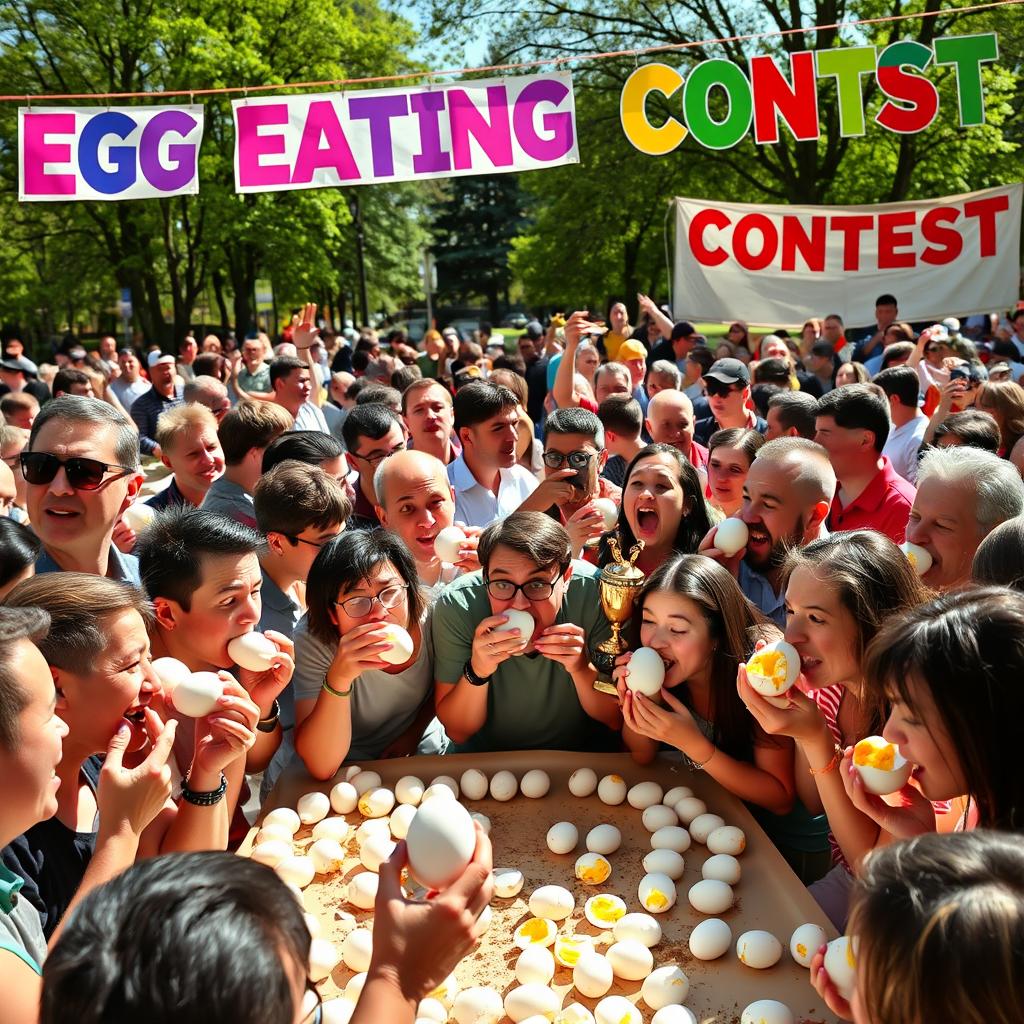 A lively egg eating contest taking place in a sunlit outdoor park, with participants enthusiastically devouring hard-boiled eggs