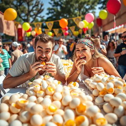 A vibrant and chaotic scene of a two-person egg-eating contest taking place in an outdoor festival setting
