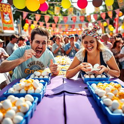 A vibrant and chaotic scene of a two-person egg-eating contest taking place in an outdoor festival setting