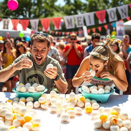 A vibrant and chaotic scene of a two-person egg-eating contest taking place in an outdoor festival setting