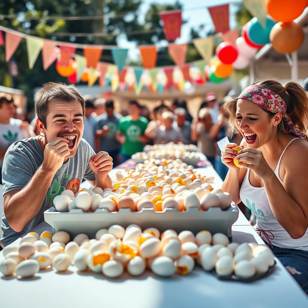 A vibrant and chaotic scene of a two-person egg-eating contest taking place in an outdoor festival setting