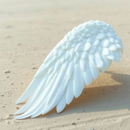 A large, elongated white angel wing spread out beautifully on the ground, showcasing its intricate feathers and pure elegance
