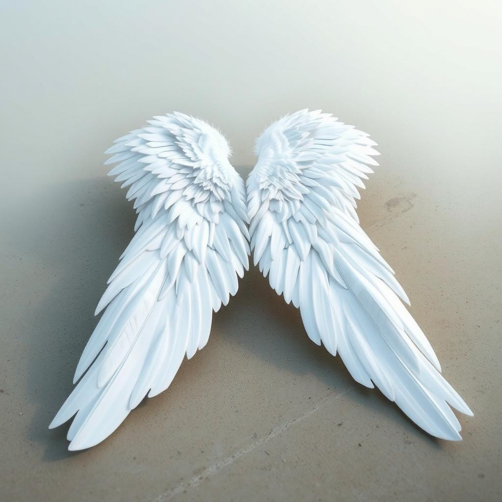 A large, elongated white angel wing spread out beautifully on the ground, showcasing its intricate feathers and pure elegance