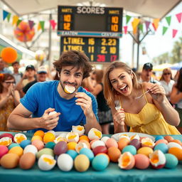 A lively scene depicting a two-person egg-eating contest