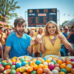 A lively scene depicting a two-person egg-eating contest