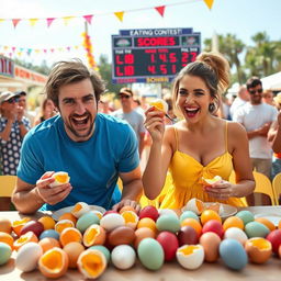 A lively scene depicting a two-person egg-eating contest