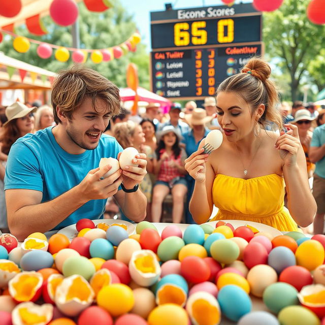 A lively scene depicting a two-person egg-eating contest