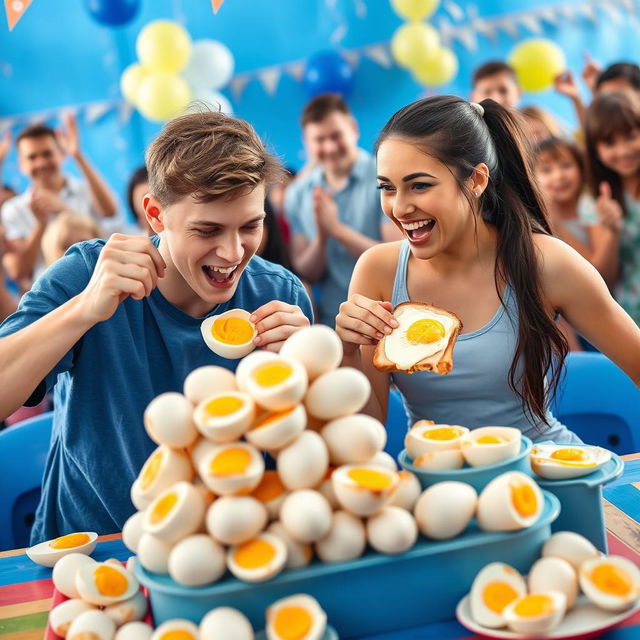 A lively egg-eating contest between two enthusiastic participants, set against a vibrant blue-themed background