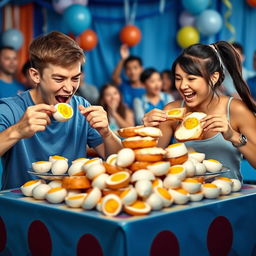 A lively egg-eating contest between two enthusiastic participants, set against a vibrant blue-themed background