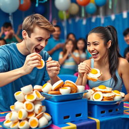 A lively egg-eating contest between two enthusiastic participants, set against a vibrant blue-themed background