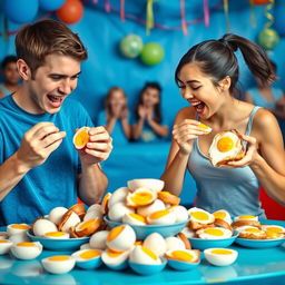 A lively egg-eating contest between two enthusiastic participants, set against a vibrant blue-themed background