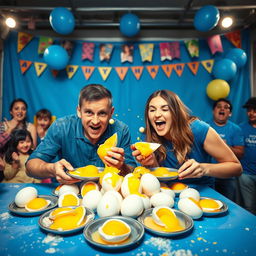 A vibrant and dynamic scene of a two-person egg-eating contest, set against a striking blue-themed background