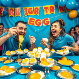 A vibrant and dynamic scene of a two-person egg-eating contest, set against a striking blue-themed background