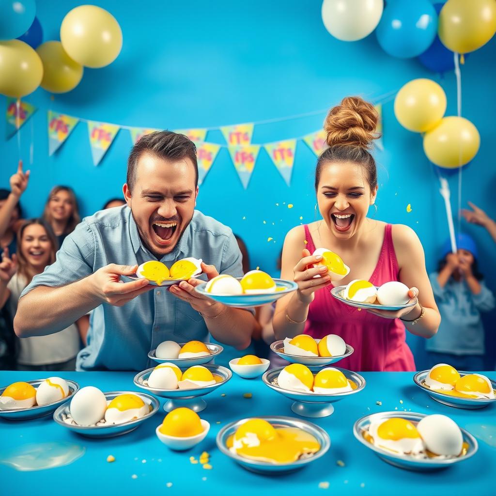 A vibrant and dynamic scene of a two-person egg-eating contest, set against a striking blue-themed background