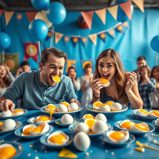 A vibrant and dynamic scene of a two-person egg-eating contest, set against a striking blue-themed background