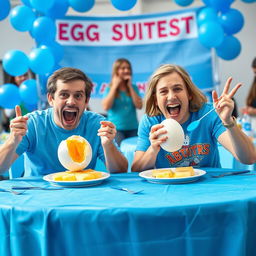 A lively egg eating contest featuring two enthusiastic contestants