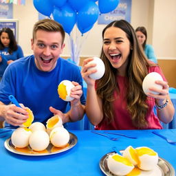A lively egg eating contest featuring two enthusiastic contestants