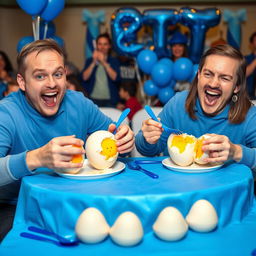 A lively egg eating contest featuring two enthusiastic contestants
