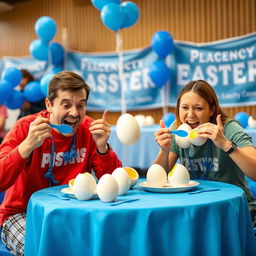 A lively egg eating contest featuring two enthusiastic contestants
