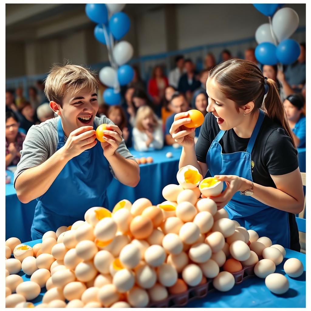 A vibrant scene depicting a two-person egg eating contest, where both contestants are enthusiastically consuming eggs