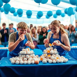 A vibrant scene depicting a two-person egg eating contest, where both contestants are enthusiastically consuming eggs